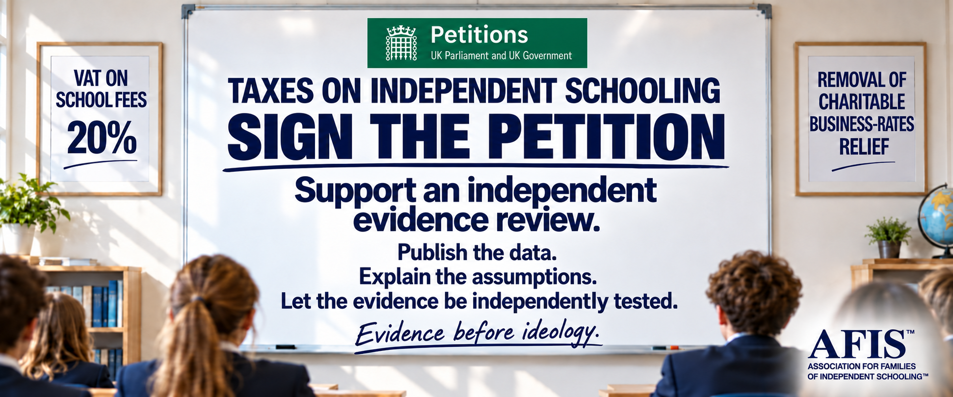 Taxes on independent schooling. Sign the petition to support an independent evidence review.